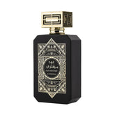 Zwart parfumfles met zilver geometrische patronen en Arabische tekst voor Parfum Oud Mystery